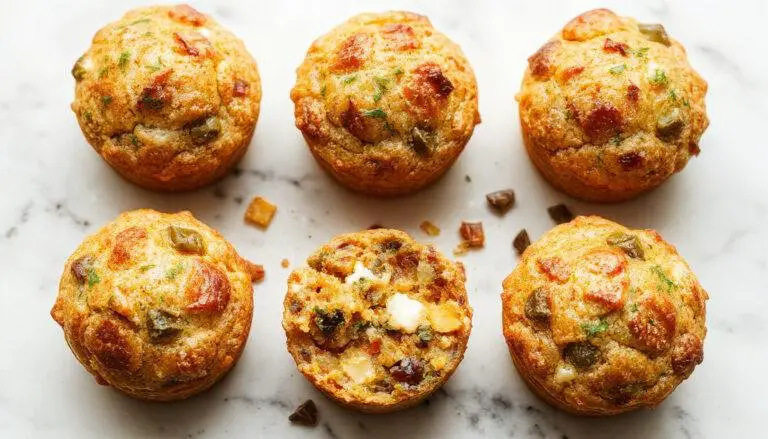 Muffins salgados de legumes com queijo dispostos sobre um prato branco, com uma textura dourada e crocante na superfície, ingredientes visíveis como brócolis, cenoura e queijo derretido derretido levemente exposto, tudo impecavelmente organizado com uma iluminação suave que realça as cores vibrantes e a textura apetitosa.