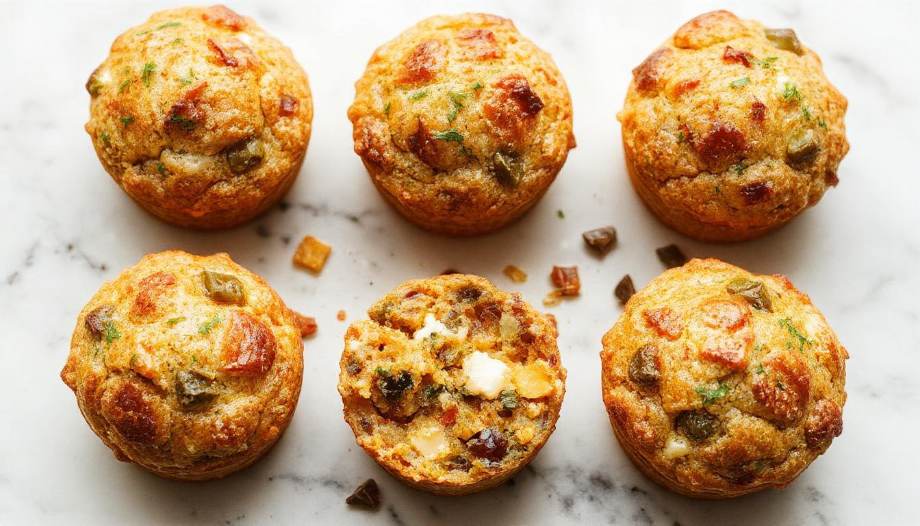 Muffins salgados de legumes com queijo dispostos sobre um prato branco, com uma textura dourada e crocante na superfície, ingredientes visíveis como brócolis, cenoura e queijo derretido derretido levemente exposto, tudo impecavelmente organizado com uma iluminação suave que realça as cores vibrantes e a textura apetitosa.