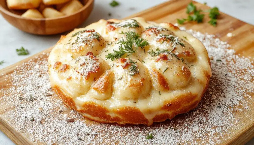 Nuvens de maçã apresentadas em um prato branco, com textura aerada e crocante, pedaços de maçã fresca dourada por cima, decoradas com canela e um toque de açúcar de confeiteiro, iluminação suave ressaltando os detalhes e cores.
