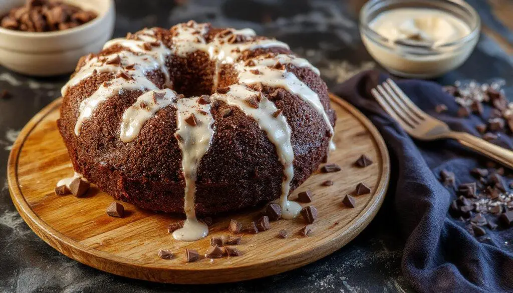 Imagem de um bolo de chocolate fofinho e húmido, coberto com uma camada de ganache brilhante e decorado com raspas de chocolate por cima, apresentado em um prato branco elegante, com uma fatia já cortada ao lado mostrando a textura macia e úmida do interior.