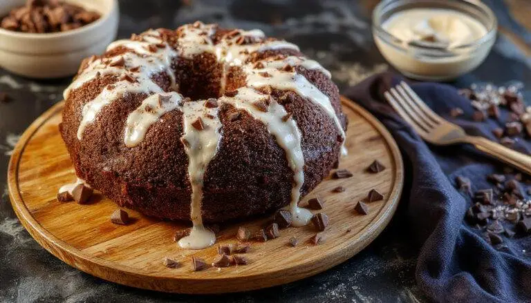 Imagem de um bolo de chocolate fofinho e húmido, coberto com uma camada de ganache brilhante e decorado com raspas de chocolate por cima, apresentado em um prato branco elegante, com uma fatia já cortada ao lado mostrando a textura macia e úmida do interior.