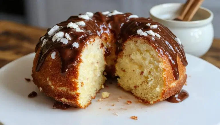 Imagem de um bolo de coco gelado, com superfície dourada e levemente crocante, cortado na metade para mostrar a textura úmida e fofa, decorado com flocos de coco por cima, servido em um prato branco elegante, com fundo desfocado que realça o visual apetitoso do bolo.