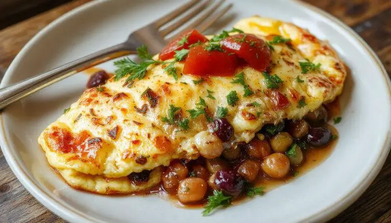 Uma omelete de legumes dourada, servida em um prato branco, com pedaços de pimentão vermelho, espinafre, queijo derretido e tomates cereja ao lado. A textura é fofa e macia, com ingredientes coloridos visíveis na superfície.