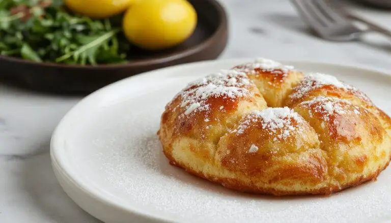 Pão turco de frigideira dourado, fofinho e macio, exibido aberto ao meio com uma superfície levemente crocante, servido em um prato branco sobre uma toalha de cozinha de algodão. A imagem destaca a textura leve do pão, com bolhas de ar visíveis na massa, e uma iluminação suave que realça a cor dourada e a maciez do interior.