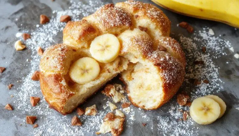 Pão de banana sem farinha dourado, com crosta levemente crocante e interior macio, apresentado em uma tábua de madeira, decorado com fatias de banana e um toque de canela.