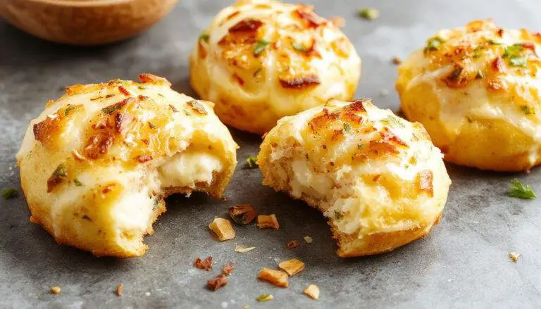 Imagem de um pão de queijo grego dourado e macio, colocado sobre um prato branco, com uma textura levemente crocante por fora e macia por dentro, com pequenas umidades visíveis na superfície, decorado com folhas de hortelã ao lado para contraste de cor.