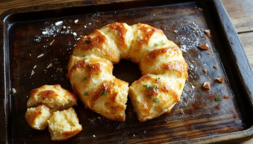 Imagem de pão de queijo dourado e macio, cortado ao meio para mostrar uma textura cremosa e queijo derretido, apresentado em uma tábua de madeira rústica com um fundo claro e aconchegante.
