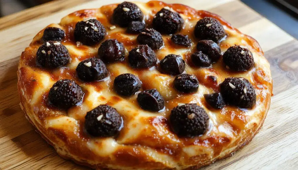 Imagem de um pastel assado dourado e crocante, cortado ao meio para mostrar seu recheio suculento. O pastel está disposto em um prato branco, com uma leve crosta crocante visível, e ao fundo, alguns ingredientes como tomate, queijo e temperos, tudo em uma iluminação natural que realça as texturas e cores do prato.