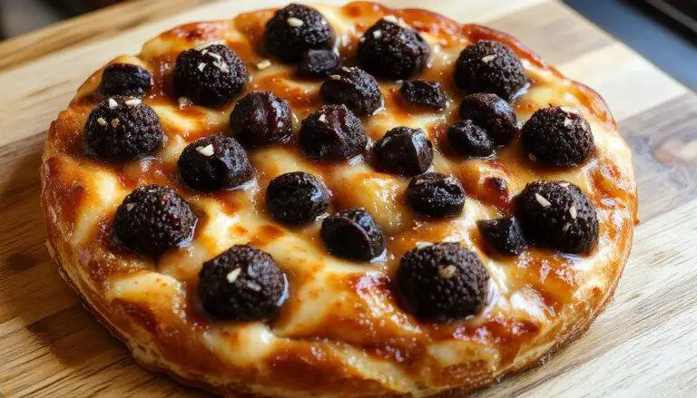 Imagem de um pastel assado dourado e crocante, cortado ao meio para mostrar seu recheio suculento. O pastel está disposto em um prato branco, com uma leve crosta crocante visível, e ao fundo, alguns ingredientes como tomate, queijo e temperos, tudo em uma iluminação natural que realça as texturas e cores do prato.