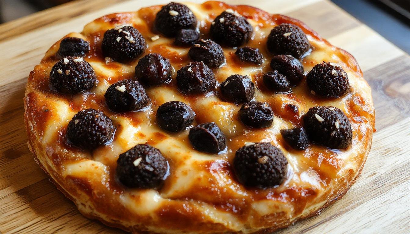 Imagem de um pastel assado dourado e crocante, cortado ao meio para mostrar seu recheio suculento. O pastel está disposto em um prato branco, com uma leve crosta crocante visível, e ao fundo, alguns ingredientes como tomate, queijo e temperos, tudo em uma iluminação natural que realça as texturas e cores do prato.
