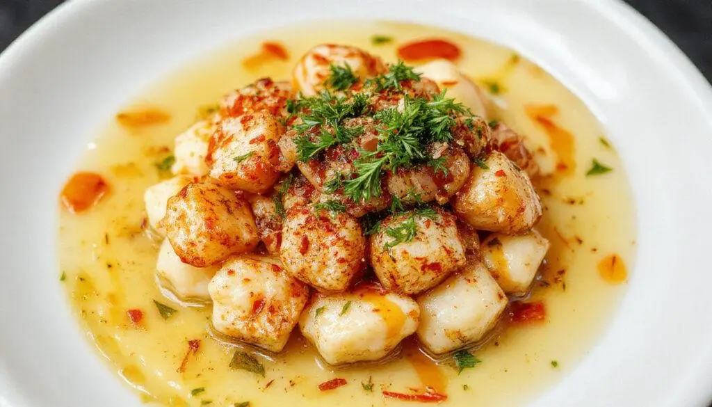 Prato de pataniscas de bacalhau douradas e crocantes, dispostas artisticamente em um prato branco, com detalhes de salsa fresca por cima, apresentando uma textura crocante e úmida por dentro, acompanhadas de fatias de limão ao lado, tudo em um estilo apetitosa e convidativa.