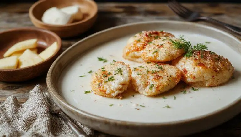 Peitos de frango dourados e suculentos em uma frigideira, cobertos com um molho cremoso de queijo e alho, decorados com salsinha fresca, apresentação apetitosa com um fundo neutro