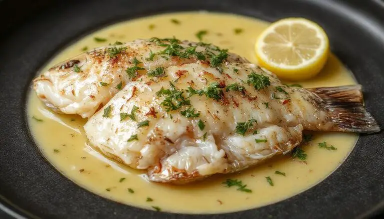 Filé de peixe dourado, servido em um prato branco com um molho amanteigado de ervas e limão, decorado com fatias de limão e ramos de salsa, tudo exibido em uma mesa de madeira clara, com iluminação natural destacando a textura suculenta e brilhante do peixe.