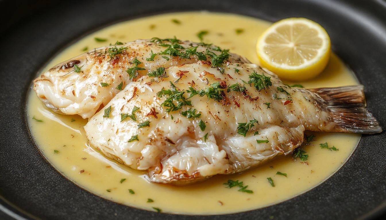 Filé de peixe dourado, servido em um prato branco com um molho amanteigado de ervas e limão, decorado com fatias de limão e ramos de salsa, tudo exibido em uma mesa de madeira clara, com iluminação natural destacando a textura suculenta e brilhante do peixe.