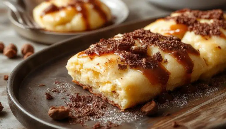 Imagem de um pudim Romeu e Julieta em uma tigela branca, com uma camada dourada de caramelo por cima, decorado com pedaços de goiabada e queijo cremoso, apresentação elegante e apetitosa, luz suave destacando a textura cremosa e o brilho do caramelo.