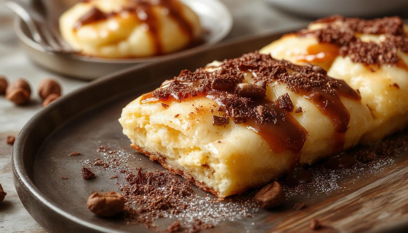 Imagem de um pudim Romeu e Julieta em uma tigela branca, com uma camada dourada de caramelo por cima, decorado com pedaços de goiabada e queijo cremoso, apresentação elegante e apetitosa, luz suave destacando a textura cremosa e o brilho do caramelo.