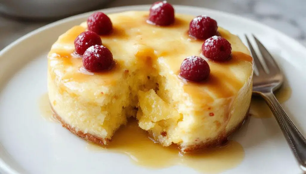 Pudim de doce de leite com uma camada brilhante e caramelizada na superfície dourada, exibido em uma travessa branca elegantemente decorada, com textura cremosa visível ao lado e detalhes de caramelo escorrendo delicadamente pela borda.