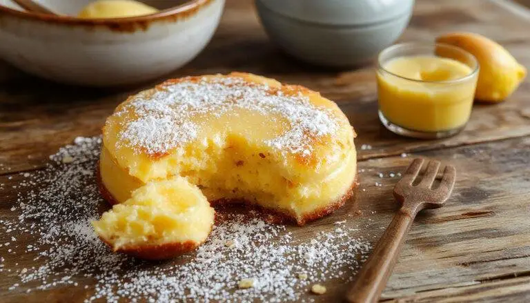 Pudim de pão em uma forma branca, com textura cremosa e dourada na superfície, decorado com caramelo líquido, apresentado sobre uma mesa de madeira rústica.