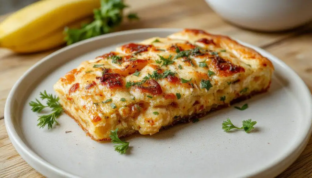 Quiche de camarão dourada e cremosa, apresentada em uma fatia, com uma crosta crocante, recheio de creme amarelo e camarões visíveis por cima, em uma tábua de madeira com um fundo limpo.