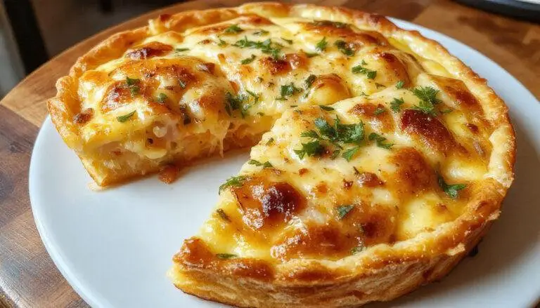 Uma fatia de quiche de espinafre e ricota servida em um prato branco, com uma crosta dourada e recheio cremoso de espinafre e queijo, decorada com folhas de espinafre frescas ao redor.