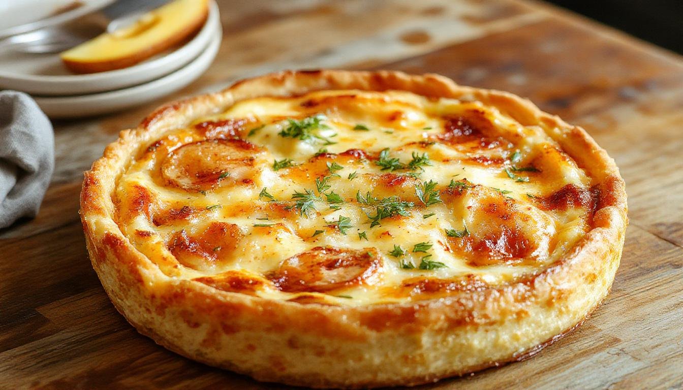 Uma fatia de quiche de frango cremosa com queijo sobre um prato branco, com crosta dourada e recheio amarelado, visível pedaços de frango e queijo derretido, ao fundo uma toalha de mesa xadrez e utensílios de cozinha.