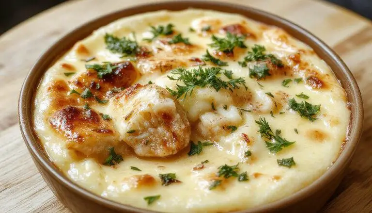 Uma fatia de quiche de frango com requeijão cremosa, servida em um prato branco, com uma crosta dourada e recheio suculento, visível pedaços de frango e um toque de requeijão atrativo.
