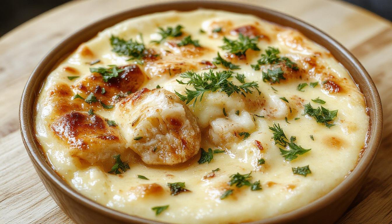Uma fatia de quiche de frango com requeijão cremosa, servida em um prato branco, com uma crosta dourada e recheio suculento, visível pedaços de frango e um toque de requeijão atrativo.