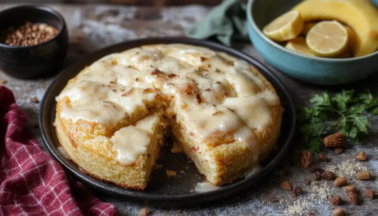 Foto de um prato de quindim sobre uma superfície de madeira, exibindo a textura dourada e brilhante do doce com cobertura caramelizada, com detalhes de coco ralado por cima e fundo desfocado que destaca o brilho do quindim.