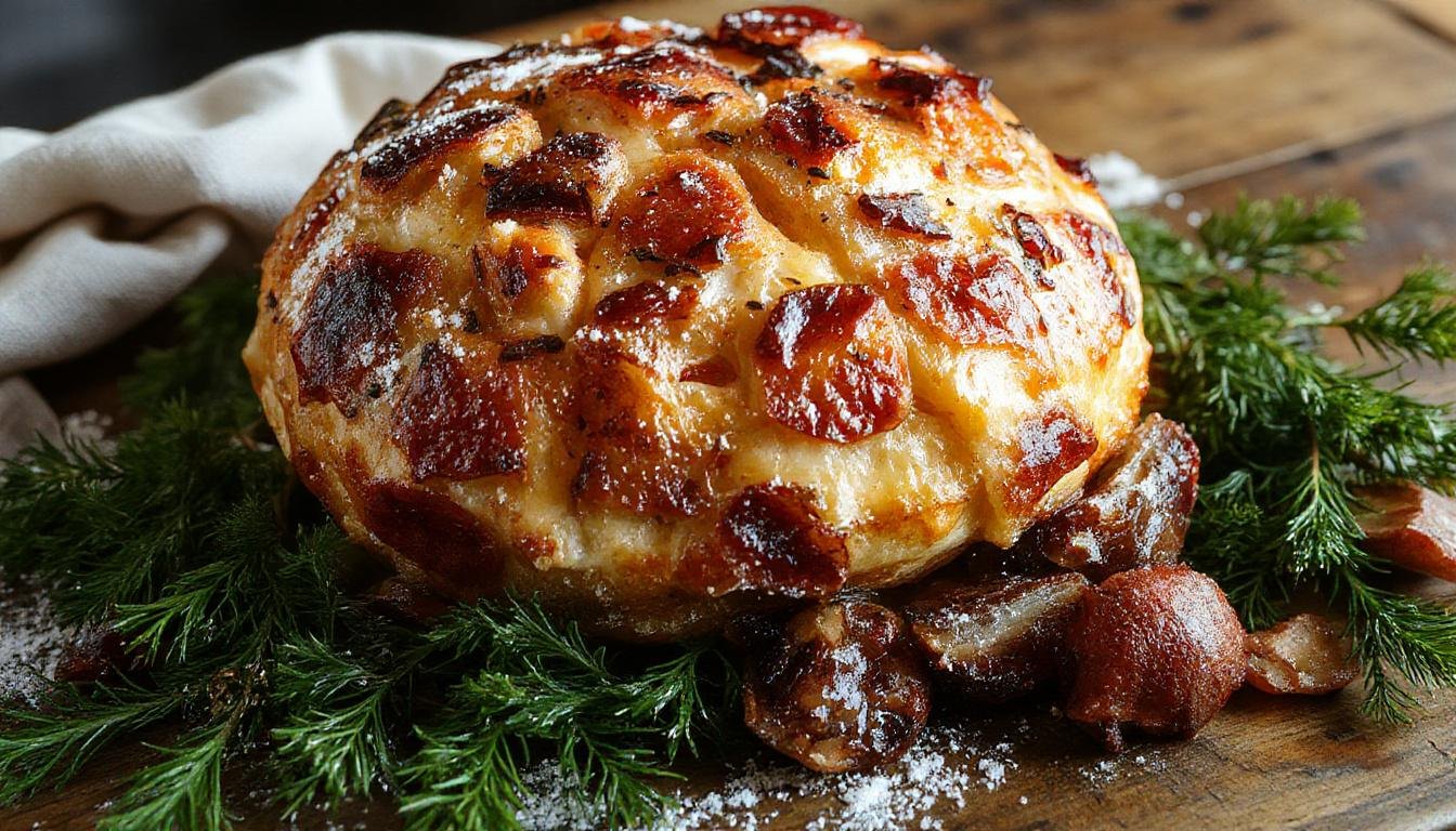 Rabanada de travessa assada apresentando fatias douradas e crocantes, dispostas elegantemente em uma travessa branca, polvilhadas com açúcar e canela, com uma borda levemente caramelizada, decorada com uma folha de hortelã ao lado, numa mesa rusticamente decorada para o Natal