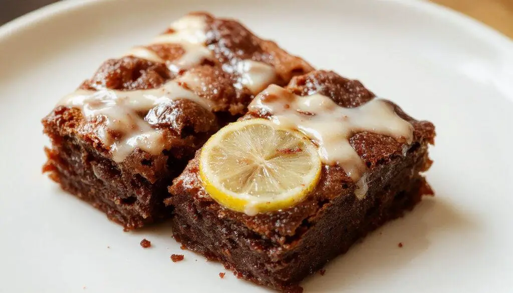 Uma fatia de brownie de limão e aveia com glacê, exibindo uma textura úmida e macia, cobertura brilhante de glacê azedo, decorada com raspas de limão na superfície, apresentada em um prato branco minimalista, com iluminação suave que realça os tons dourados e verdes do limão e a crocância das aveias.