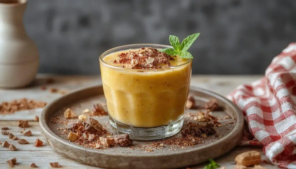 Imagem de uma sobremesa de maria mole gelada servida em copos transparentes, com textura cremosa e branca, decorada com pequenosajuntamentos de coco ralado e pedaços de morango, apresentada sobre uma bandeja de madeira clara com fundo desfocado que realça a delicadeza da sobremesa