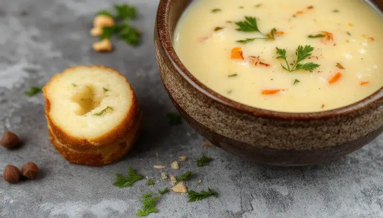 Tigela de sopa de milho cremosa com uma textura densa, coberta com um fio de creme por cima, decorada com salsa fresca. A apresentação é aconchegante, com um fundo rústico de tábuas de madeira.