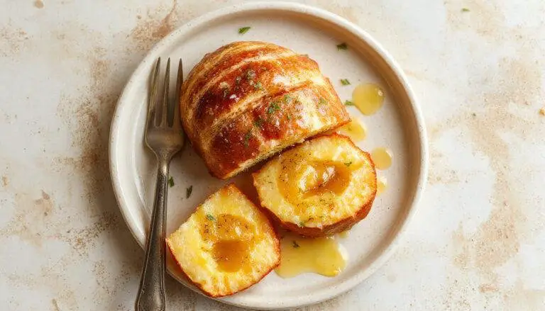 Imagem de um bolo de farinha de maracujá dourado, decorado com sementes de maracujá por cima, apresentado em um prato branco com fundo de cozinha moderna, textura macia e superfície brilhante.