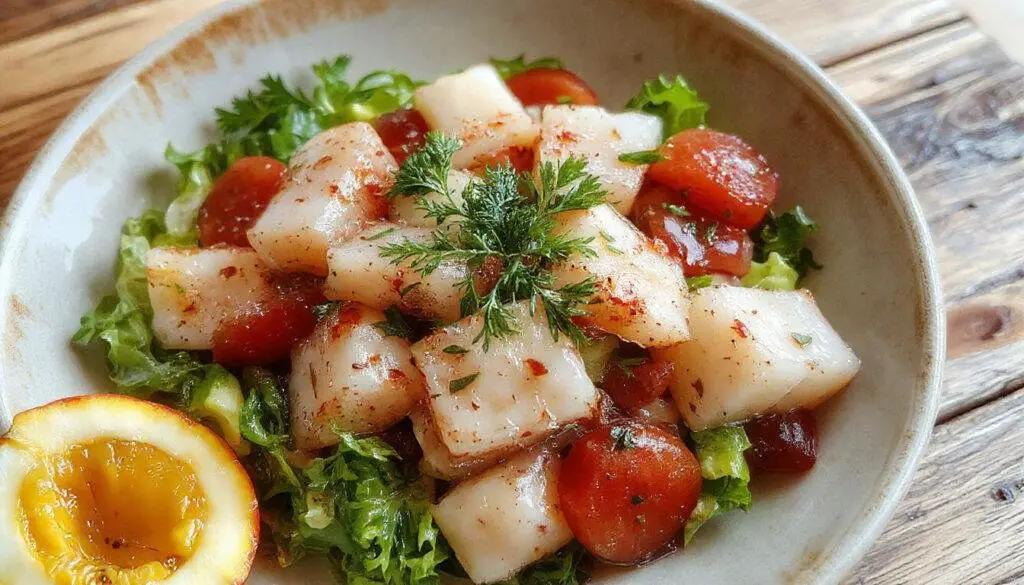 Salada de chuchu colorida servida em uma tigela branca, com pedaços de chuchu verdes e brancos, tomates-cereja vermelhos, algumas folhas de hortelã e um toque de azeite. A apresentação é fresca e apetitosa, destacando a textura crocante e a combinação de cores vibrantes.