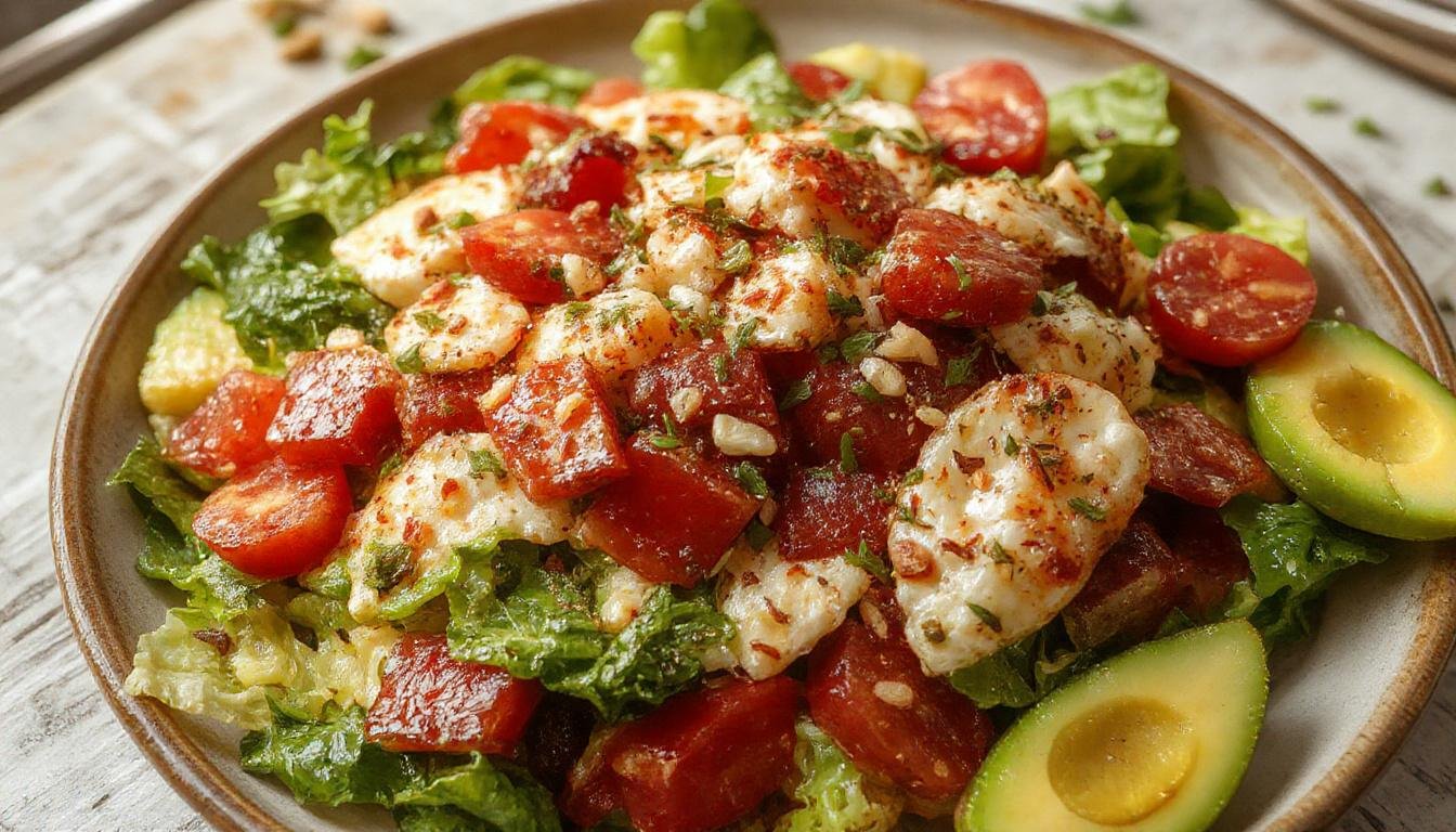 Uma salada colorida e vibrante apresentada em um prato branco, com folhas verdes, tomates cereja vermelhos, fatias de pepino, cenoura ralada e milho, decorada com ervas frescas, com uma textura fresca e crocante visível, apresentada em um ambiente bem iluminado.