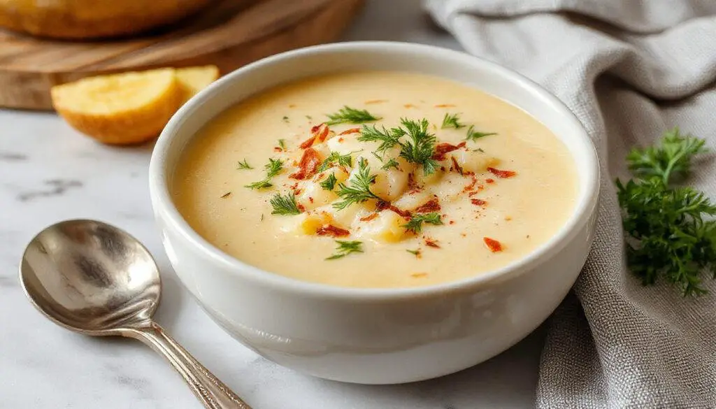 Imagens de uma tigela branca de sopa cremosa de batata-doce com queijo, com textura suave e cor alaranjada vibrante, decorada com pedaços de queijo derretido e folhas verdes, apresentando uma textura cremosa visível e um fundo rústico.