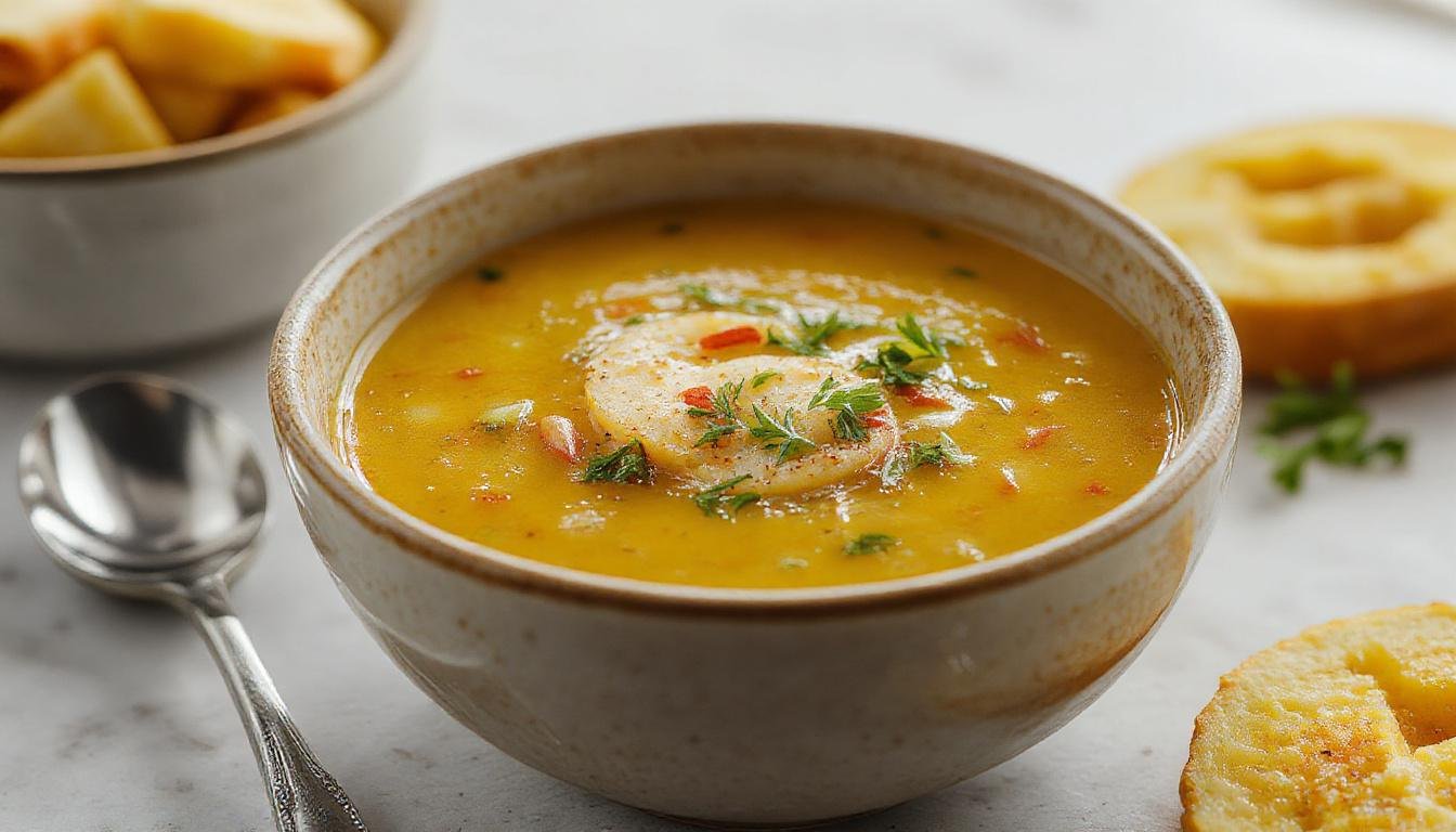 Foto de uma tigela branca de sopa detox de repolho, com pedaços visíveis de repolho verde, cenoura e outros legumes, em um fundo rústico de madeira, com acabamento superficial artesanal e aparência leve e nutritiva.