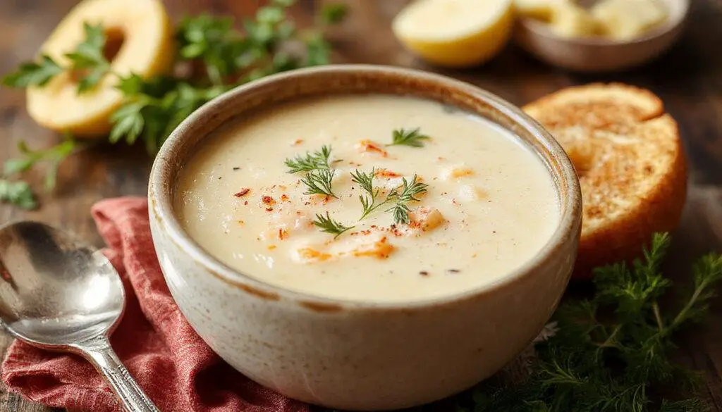 Imagem de uma tigela branca de sopa leve e cremosa, com cores vibrantes de cenoura, espinafre e pedaços de batata, decorada com um raminho de salsa fresca, sobre uma mesa de madeira clara, com utensílios de cozinha ao fundo, exibindo uma apresentação apetitosa e acolhedora.