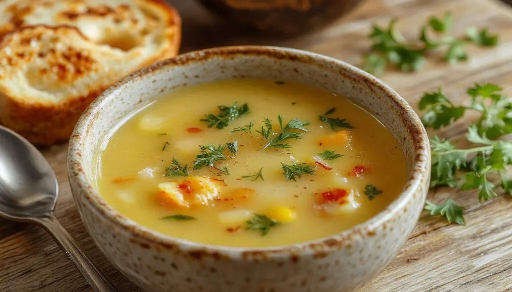 Foto de uma tigela de sopa de alho francês cremosa de cor pálida com pedaços visíveis de alho francês e pimenta ao redor, servida em um prato rústico com pão ao lado, sobre uma toalha de linho branca. A iluminação suave destaca a textura cremosa da sopa e os ingredientes frescos.