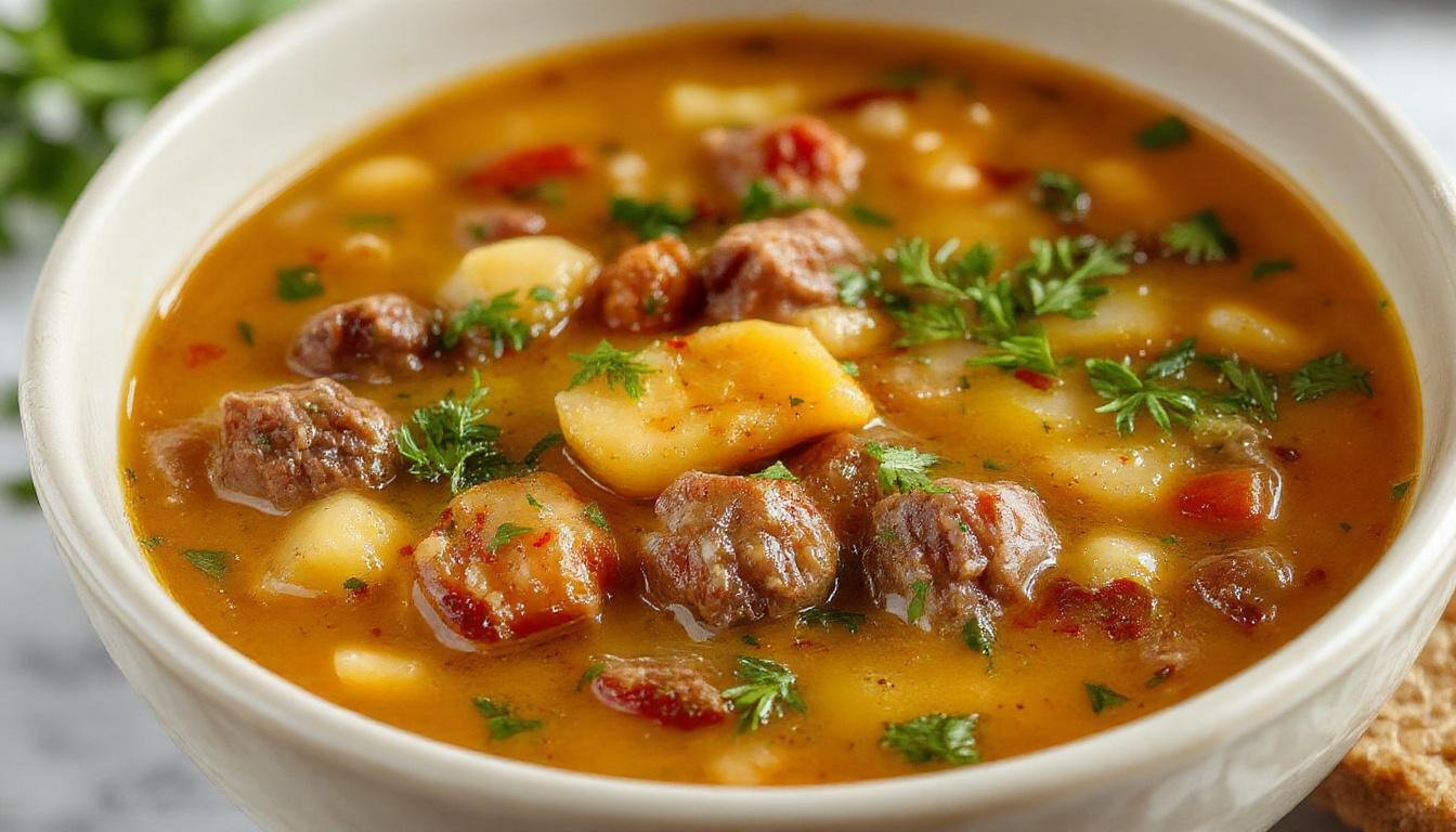 Copo de sopa de carne com legumes, exibindo pedaços de carne suculenta, cenoura alaranjada, feijão verde, batatas e ervas frescas, tudo em uma tigela rústica de barro, com vapor suave elevando-se, apresentado em um ambiente acolhedor e familiar