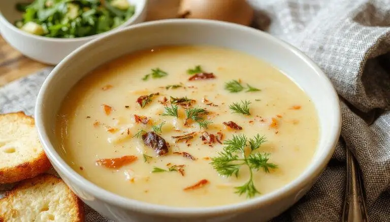 Prato de sopa de cebola cremosa e gratinada, com camada dourada de queijo derretido por cima, cebolas caramelizadas visíveis, servido em um prato branco rústico, decorado com um raminho de salsa fresca ao lado.
