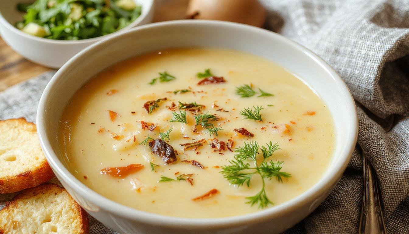 Prato de sopa de cebola cremosa e gratinada, com camada dourada de queijo derretido por cima, cebolas caramelizadas visíveis, servido em um prato branco rústico, decorado com um raminho de salsa fresca ao lado.
