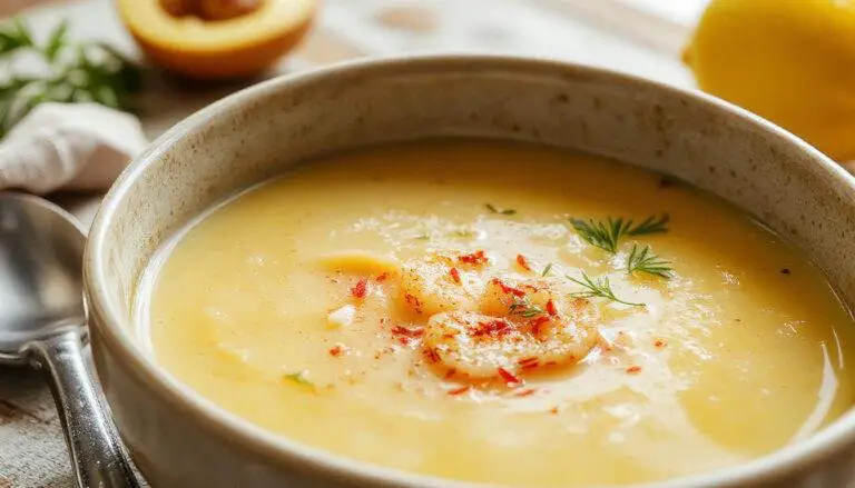 Uma tigela de sopa de couve-flor cremosa, com uma textura aveludada e cor branca, decorada com um fio de azeite e pétalas de couve-flor. Ao lado, uma colher de sopa repousa sobre uma toalha de linho branca, criando uma apresentação apetitosa e acolhedora.