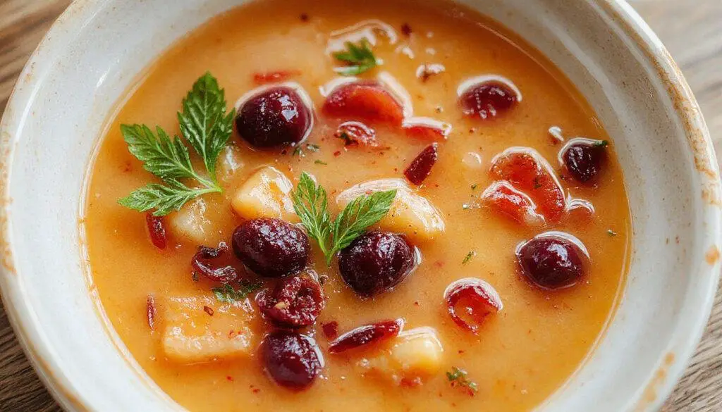 Prato de sopa de frutos do mar apresentados em uma tigela branca, com pedaços de camarão, lulas e mariscos visíveis em um caldo cremoso laranja, decorada com salsa fresca, ao fundo uma colher de aço inox e pão tostado ao lado.