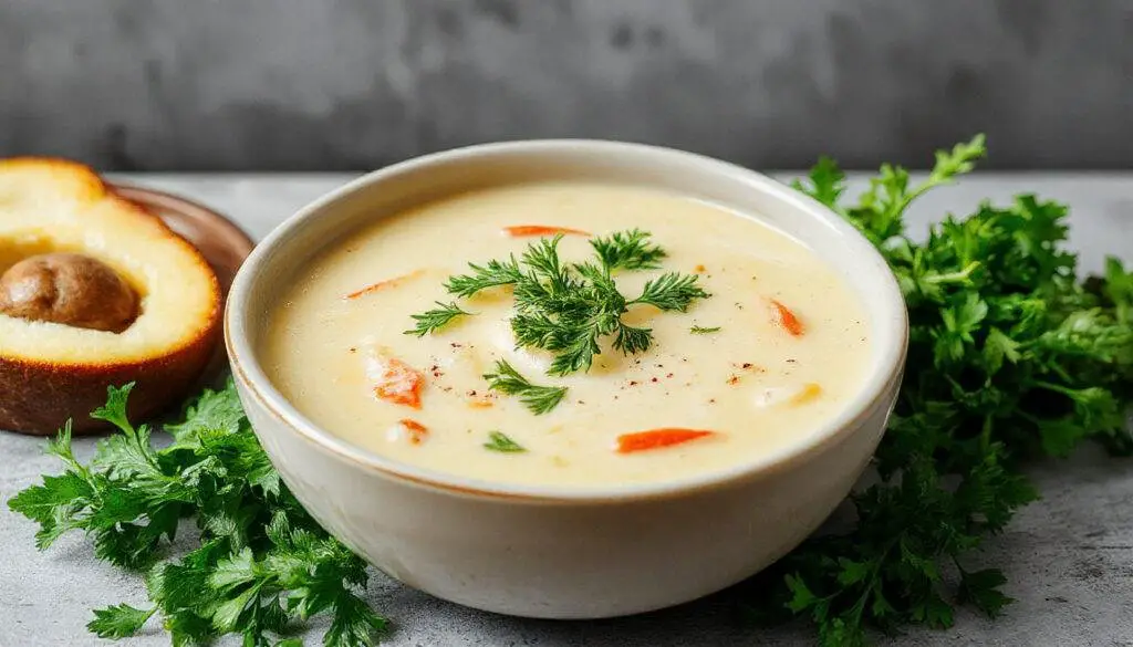 Imagem de uma tigela de sopa cremosa e nutritiva, com uma cor bege avelã, decorada com ervas verdes frescas, apresentando uma textura suave e envolvente, servida em uma tigela branca sobre uma toalha de linho natural, ao lado de um colher de sopa de inox, iluminada por luz natural suave.