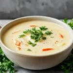 Imagem de uma tigela de sopa cremosa e nutritiva, com uma cor bege avelã, decorada com ervas verdes frescas, apresentando uma textura suave e envolvente, servida em uma tigela branca sobre uma toalha de linho natural, ao lado de um colher de sopa de inox, iluminada por luz natural suave.