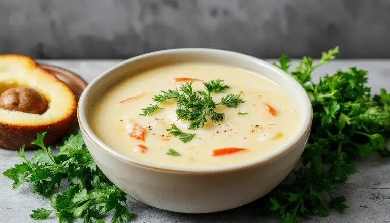 Imagem de uma tigela de sopa cremosa e nutritiva, com uma cor bege avelã, decorada com ervas verdes frescas, apresentando uma textura suave e envolvente, servida em uma tigela branca sobre uma toalha de linho natural, ao lado de um colher de sopa de inox, iluminada por luz natural suave.