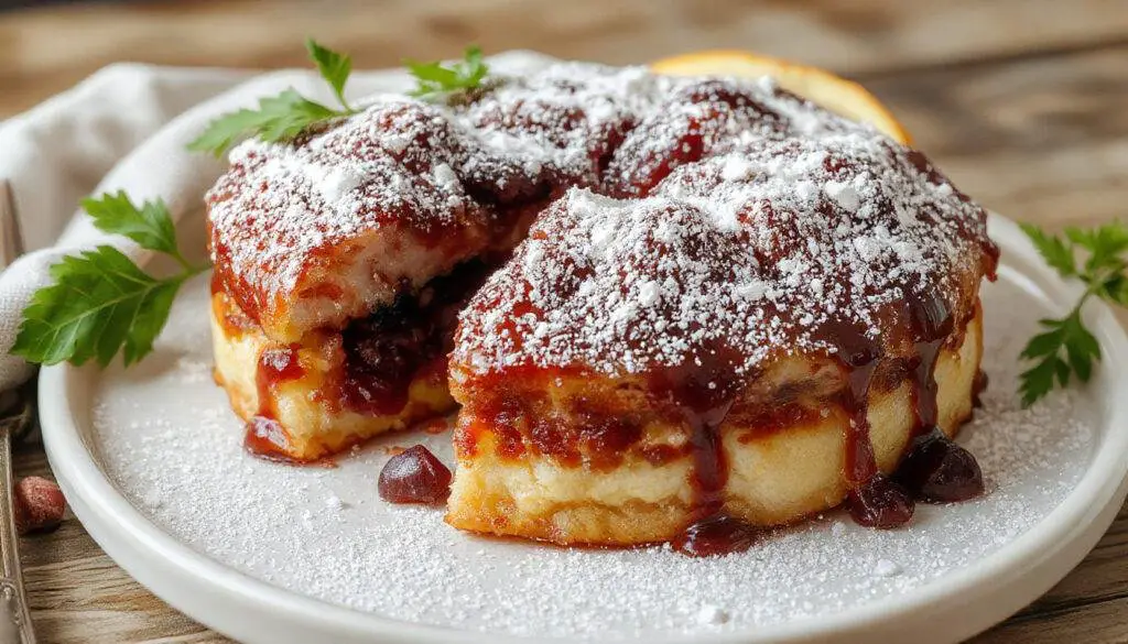 Uma travessa de sobremesa com camadas de uvas verdes e roxas cobertas com um creme branco, decorada com raspas de chocolate e folhinhas de hortelã, apresentada de forma elegante e apetitosamente colorida.