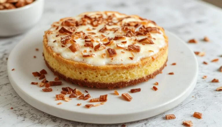 Uma tarte cremosa de coco apresentada em uma travessa redonda, com uma crosta dourada e uma camada superior de creme de coco branco e brilhante, decorada com raspas de coco fresco. A superfície da tarte é lisa e sedosa, com um toque de brilho, e está situada em uma mesa de madeira clara com uma colher ao lado pronta para servir.
