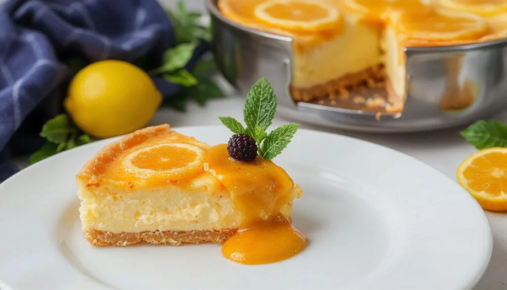 Uma fatia de tarte pudim de laranja na tigela branca, com uma crosta dourada e recheio cremoso de laranja, decorada com raspas de laranja no topo, apresentada sobre uma toalha de linho azul claro, com luz suave que realça a textura dourada e o brilho do recheio.